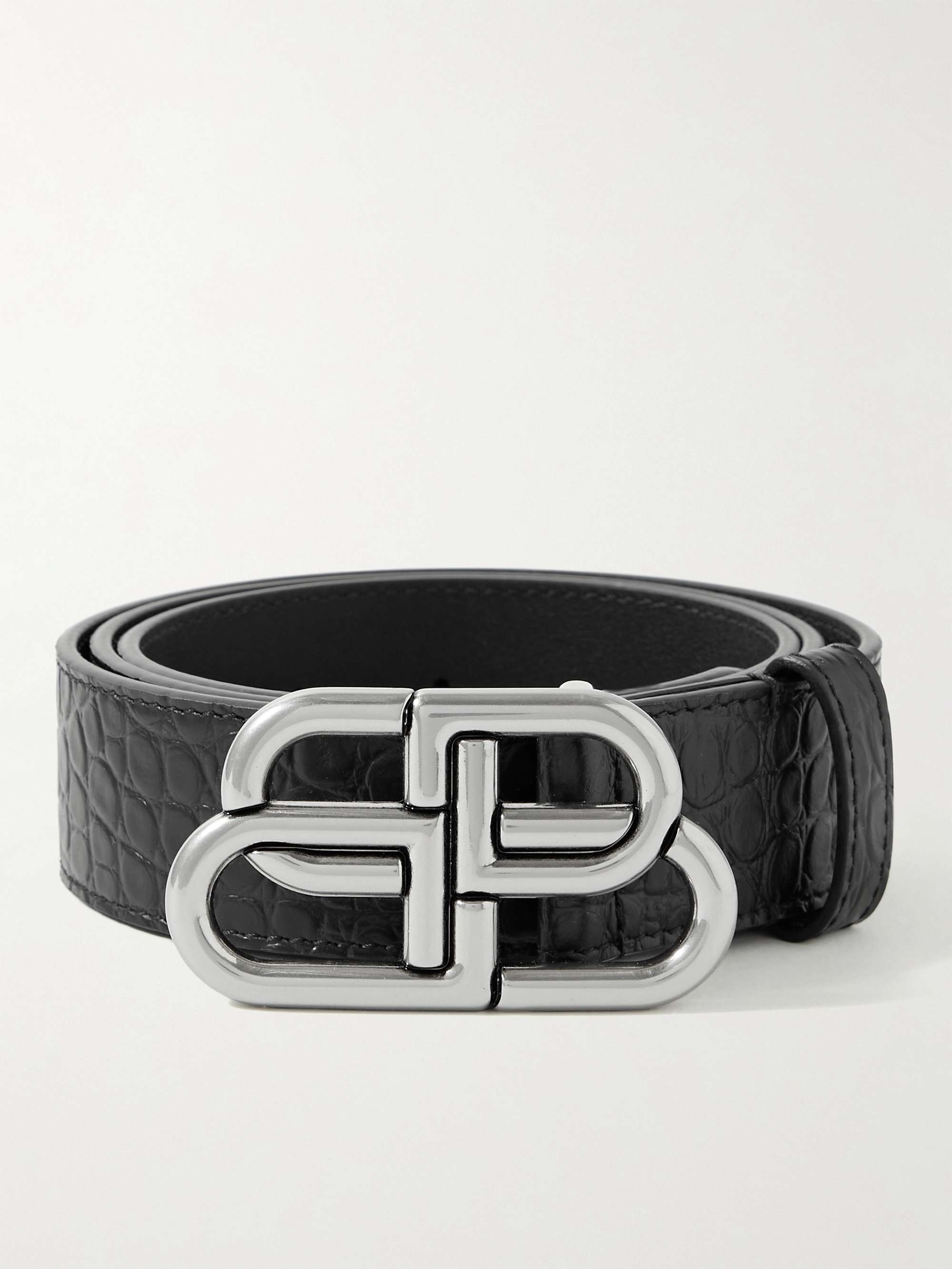 BALENCIAGA 3cm Logo-Embellished Croc-Effect Leather Belt 