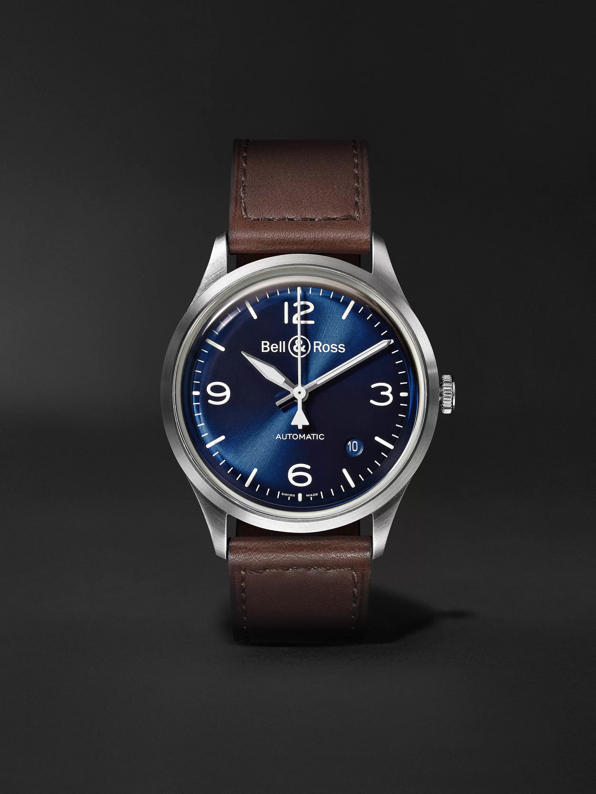 BR V1-92 Blue Steel Automatic 38.5mm Steel and Leather Watch, Ref. No.  BRV192-BLU-ST/SCA