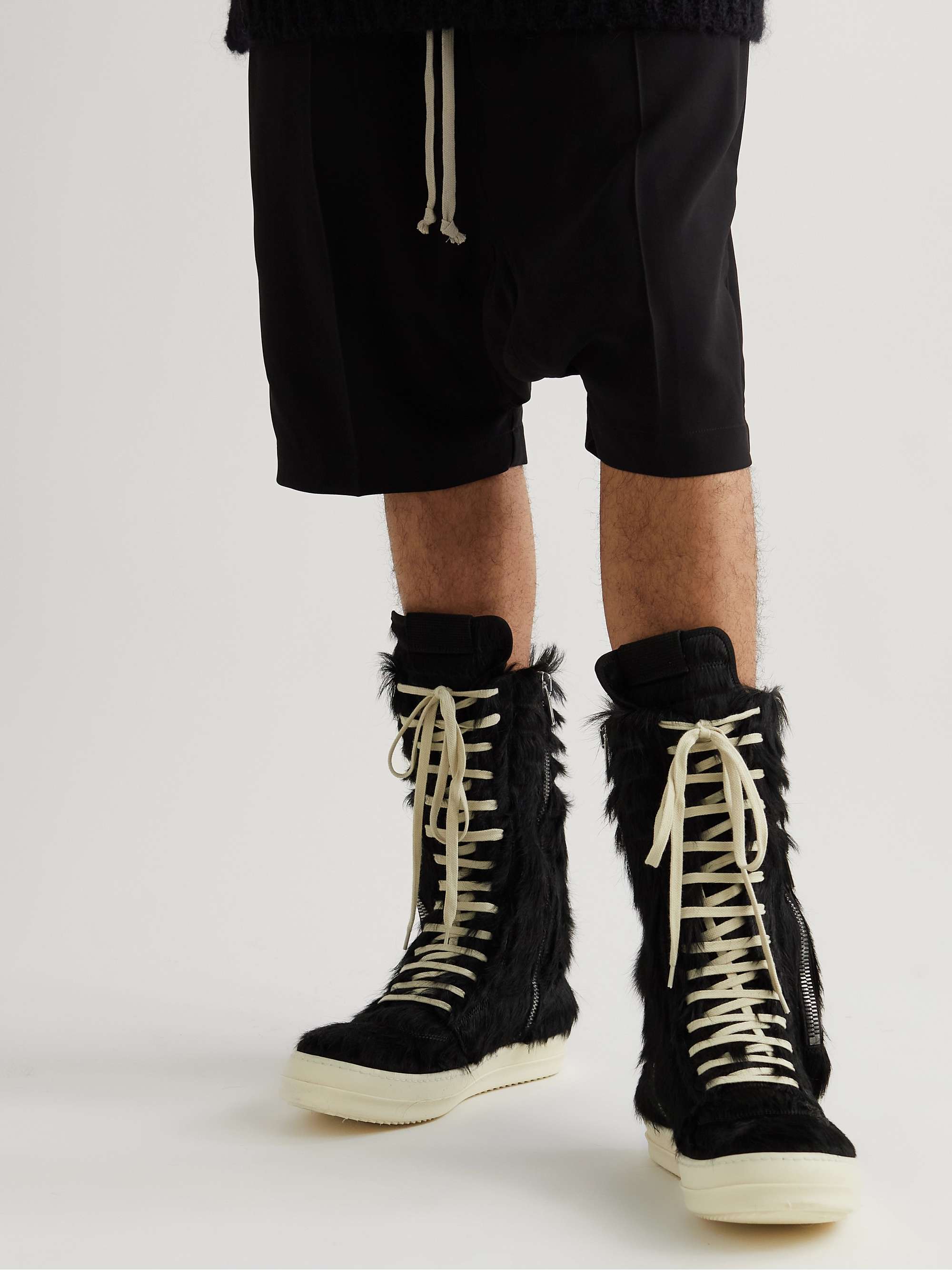 RICK OWENS Cargo Basket Faux Fur and Leather High-Top Sneakers | MR PORTER