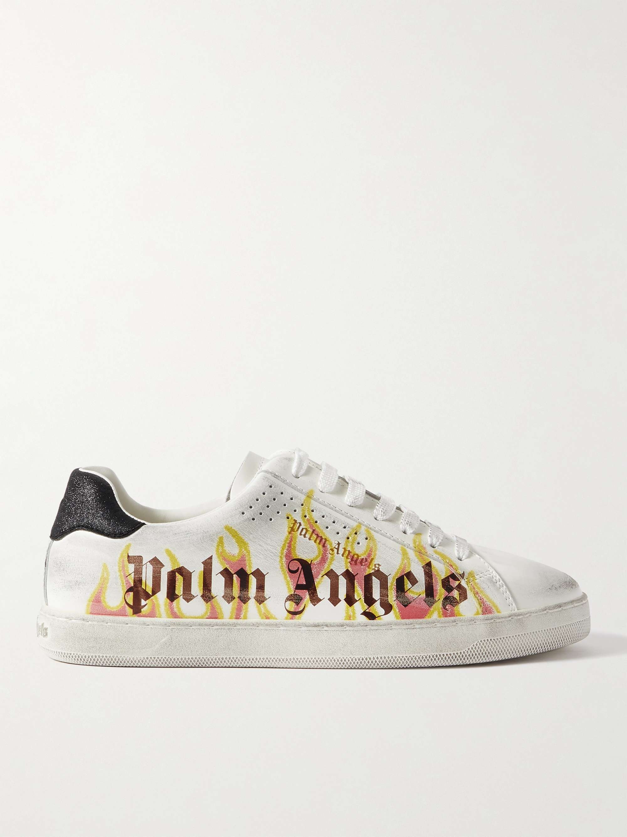 PALM ANGELS Distressed Logo-Print Suede-Trimmed Leather Sneakers | MR PORTER