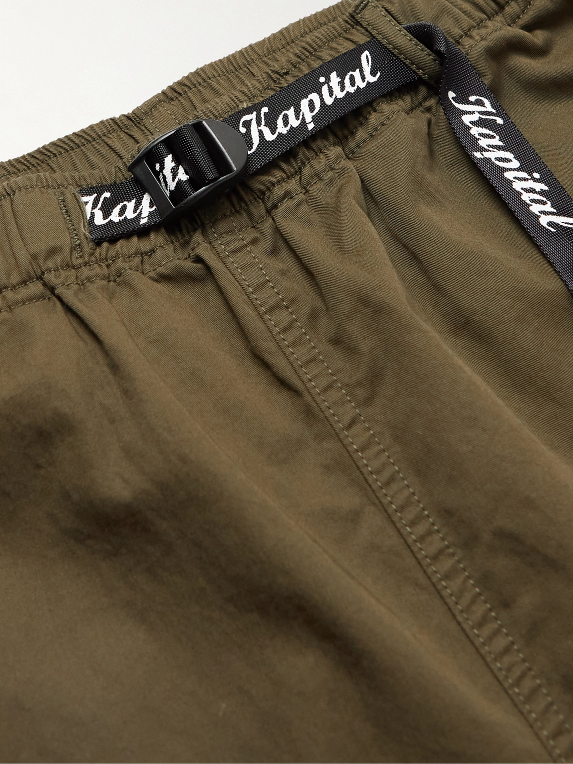 Shop Kapital Wide-leg Belted Logo-print Cotton-twill Bermuda Shorts In Green