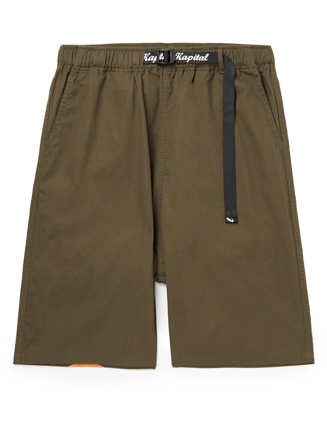 Shop Kapital Wide-leg Belted Logo-print Cotton-twill Bermuda Shorts In Green