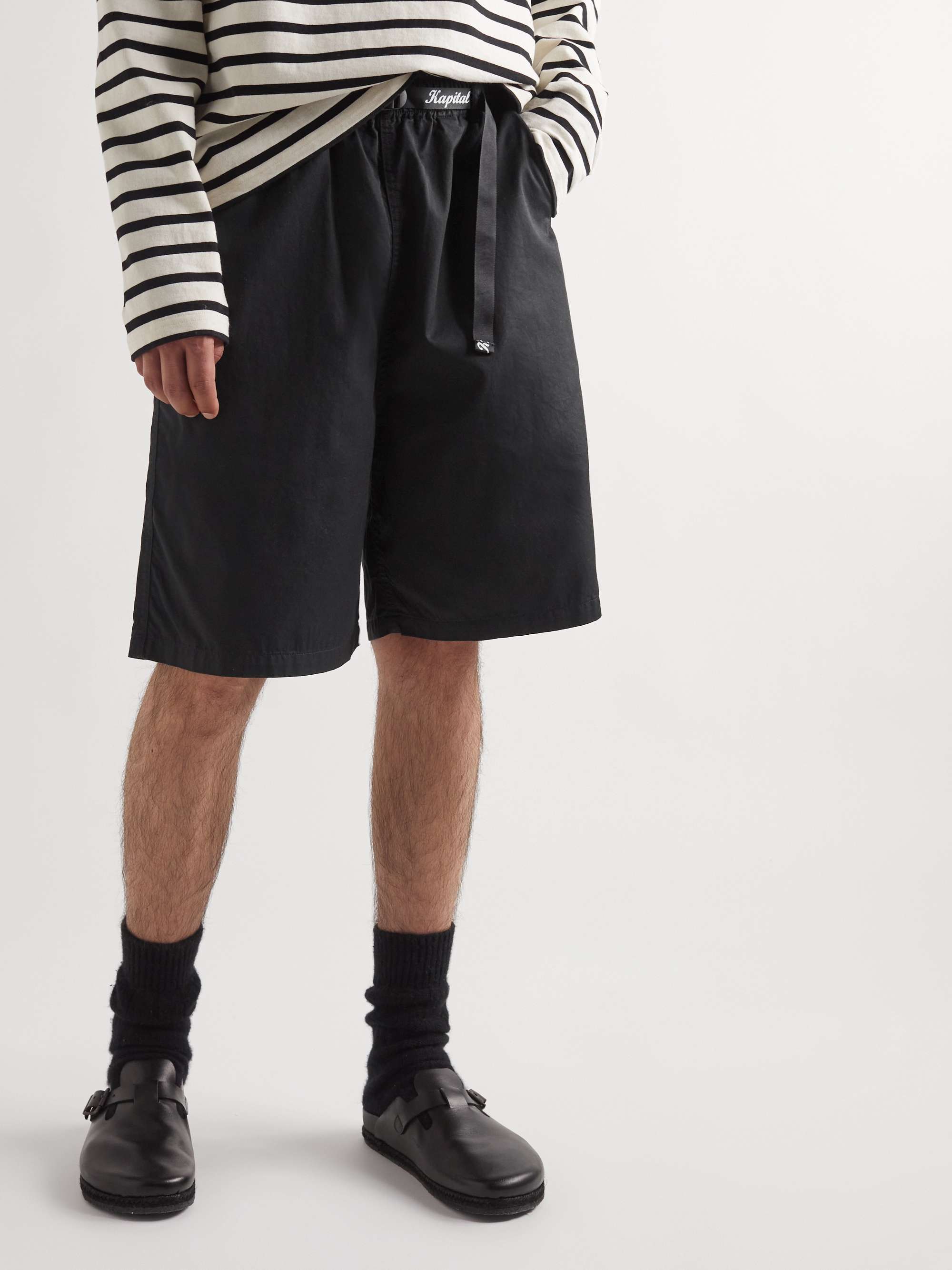 KAPITAL Wide-Leg Belted Logo-Print Cotton-Twill Bermuda Shorts | MR PORTER