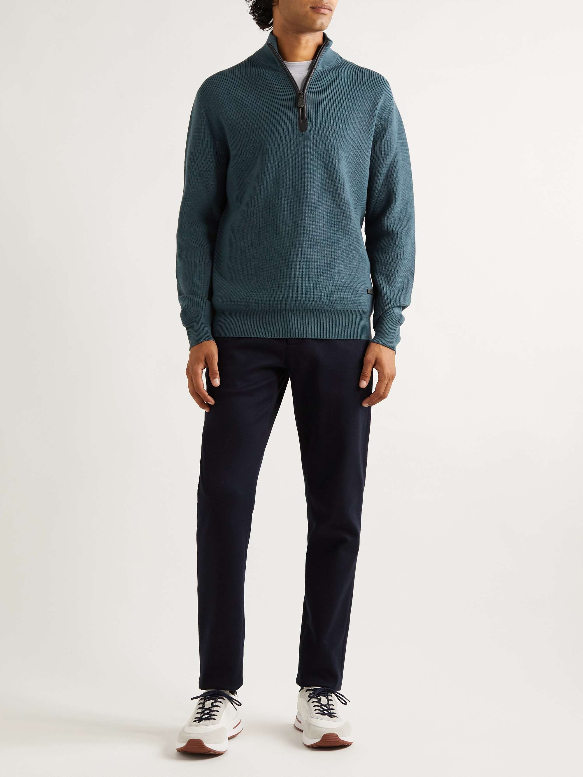LORO PIANA Leather-Trimmed Ribbed Wool Half-Zip Sweatshirt for Men | MR ...
