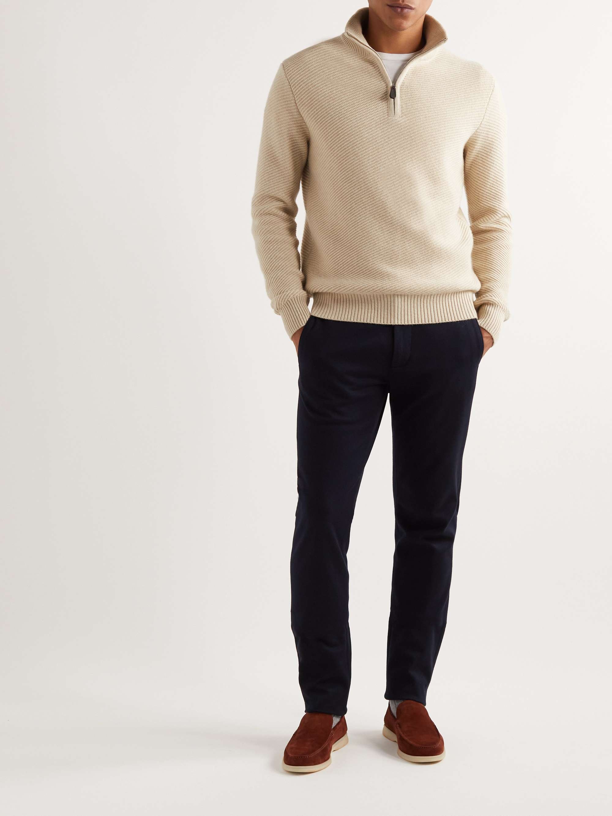 LORO PIANA Leather-Trimmed Ribbed Cashmere Half-Zip Sweater | MR PORTER