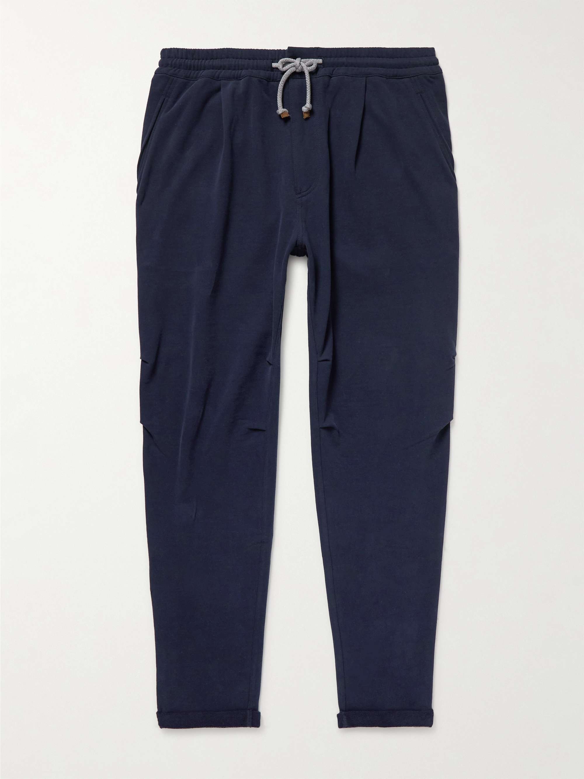 Navy Tapered Pleated Cotton-Jersey Sweatpants | BRUNELLO CUCINELLI | MR  PORTER