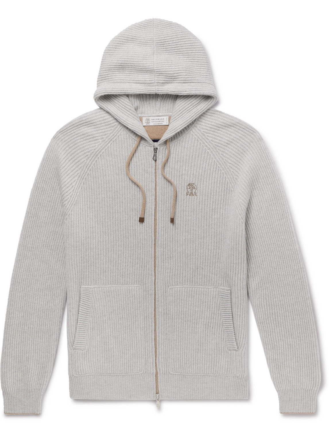 BRUNELLO CUCINELLI LOGO-EMBROIDERED RIBBED-KNIT CASHMERE ZIP-UP HOODIE