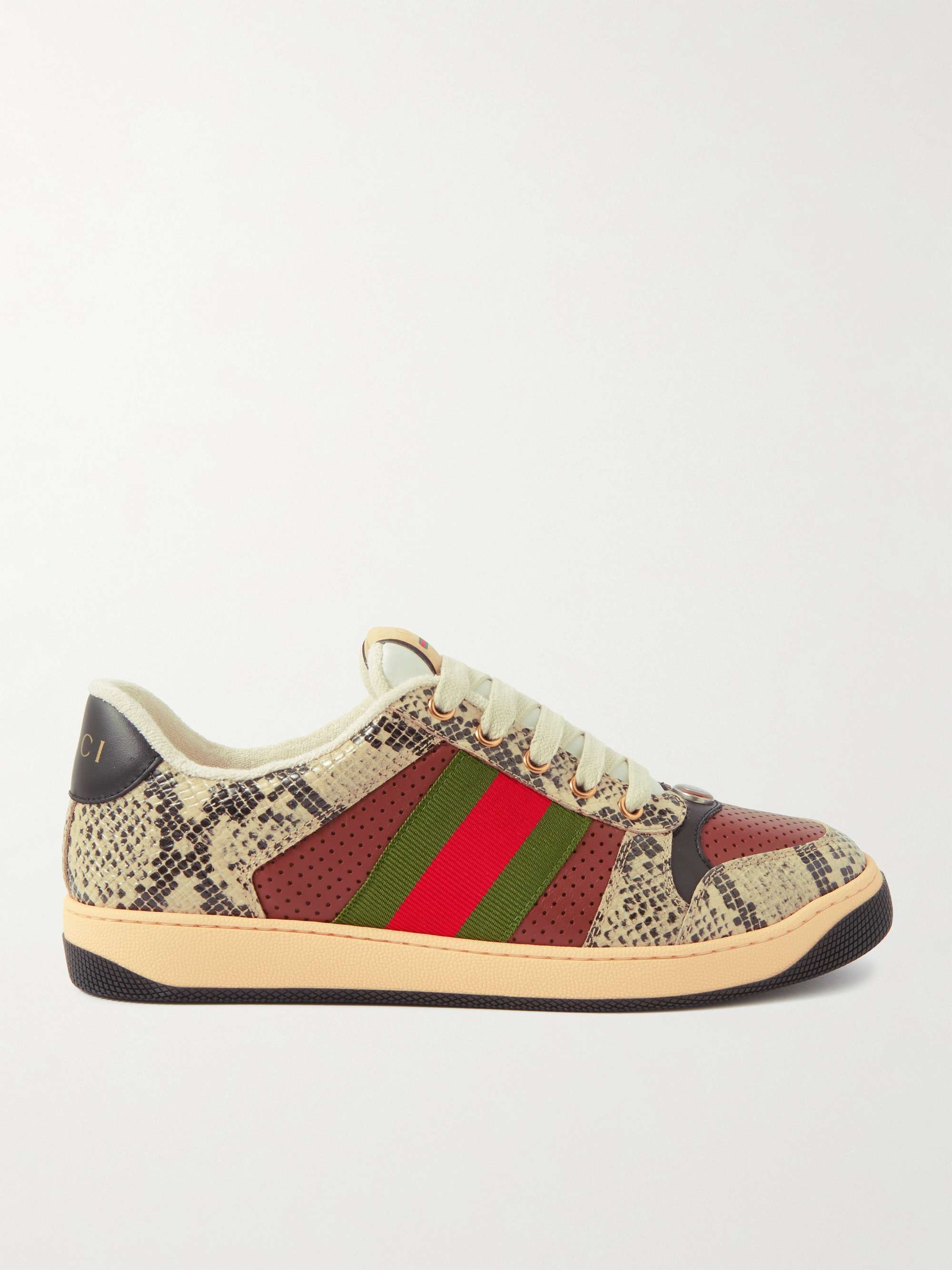 Beige Screener Webbing-Trimmed Snake-Effect and Perforated Leather Sneakers  | GUCCI | MR PORTER