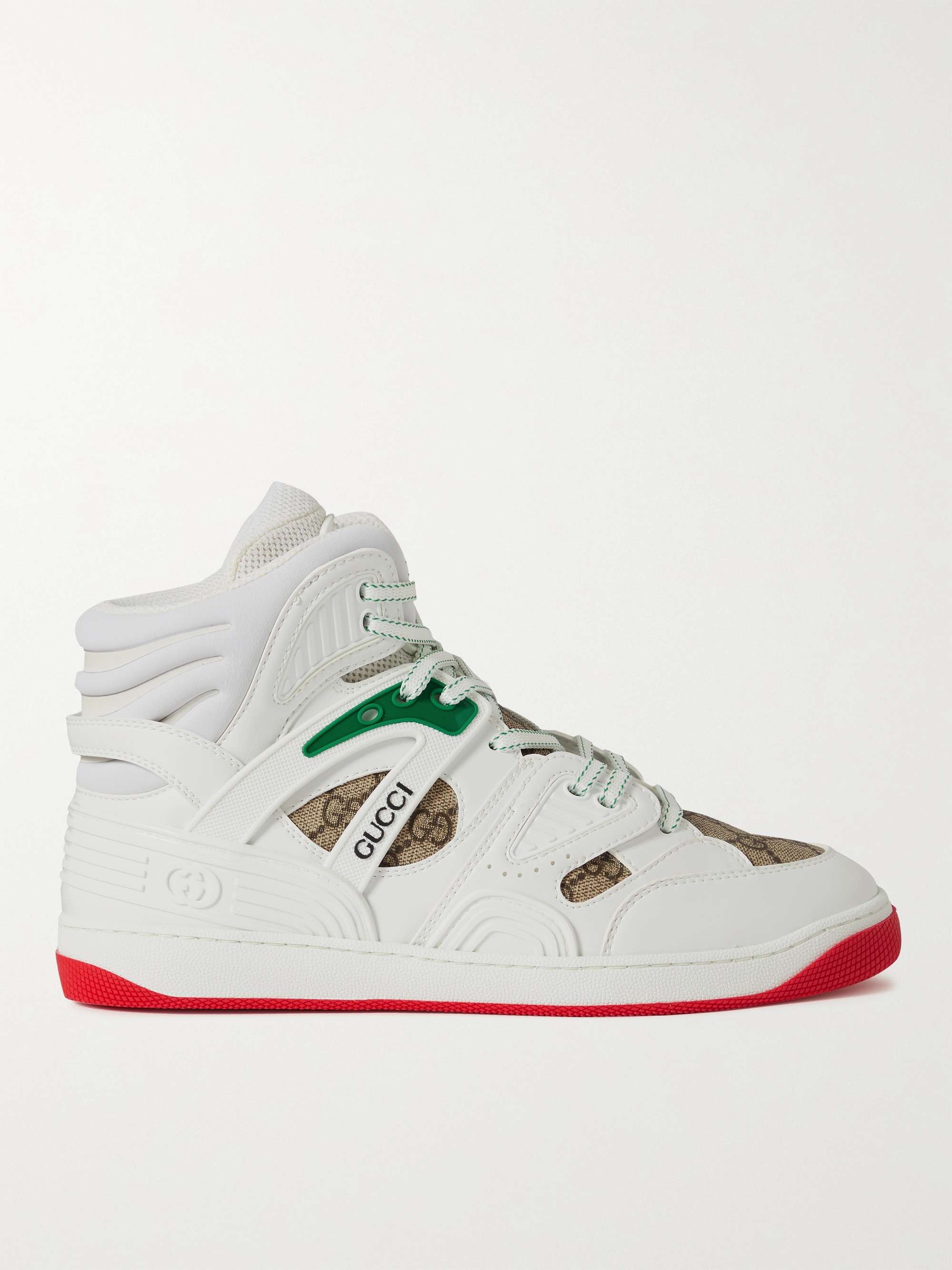 White Basket Rubber-Trimmed Monogrammed Canvas and Leather High-Top Sneakers  | GUCCI | MR PORTER