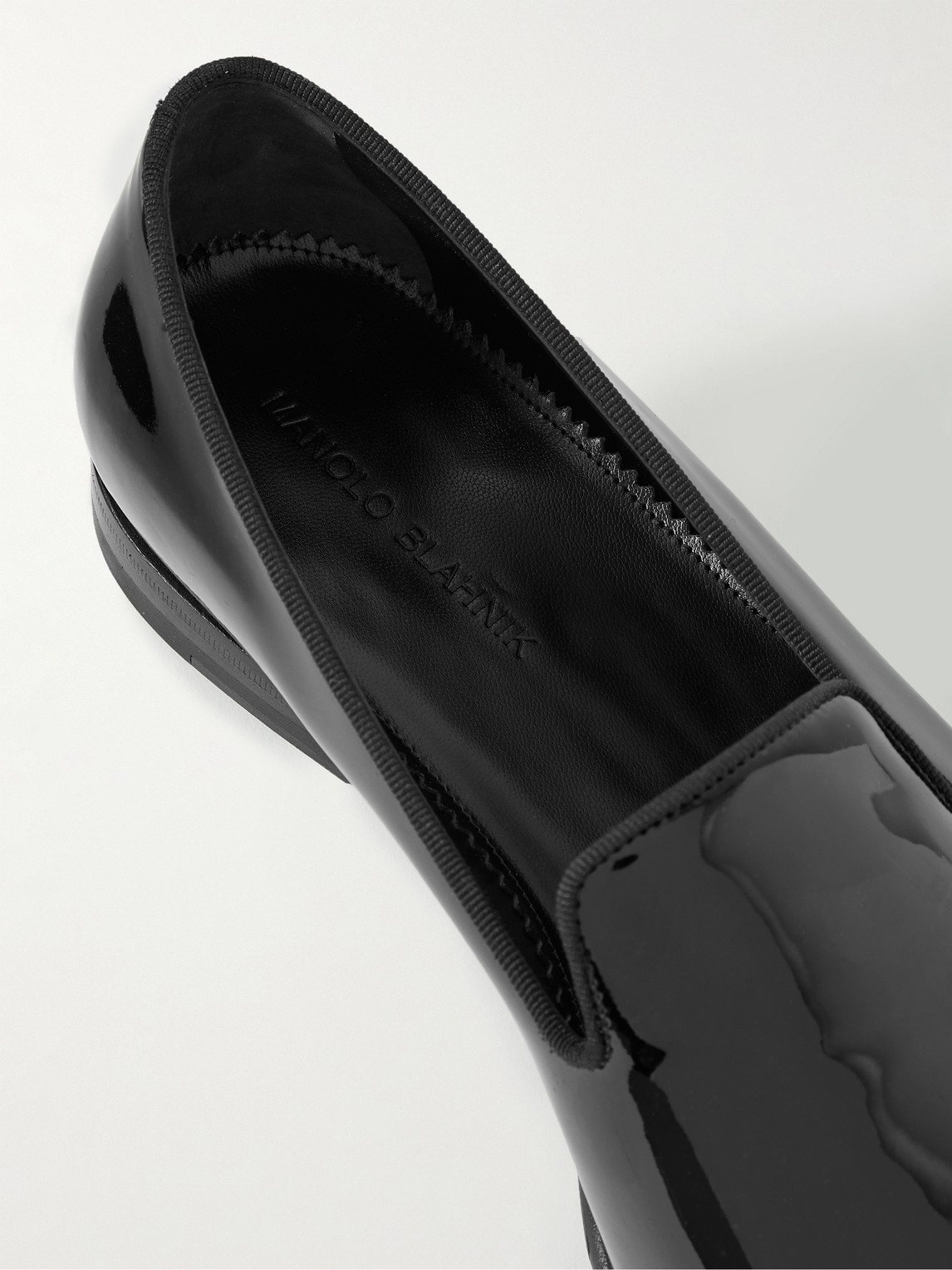 Shop Manolo Blahnik Mario Grosgrain-trimmed Patent-leather Loafers In Black