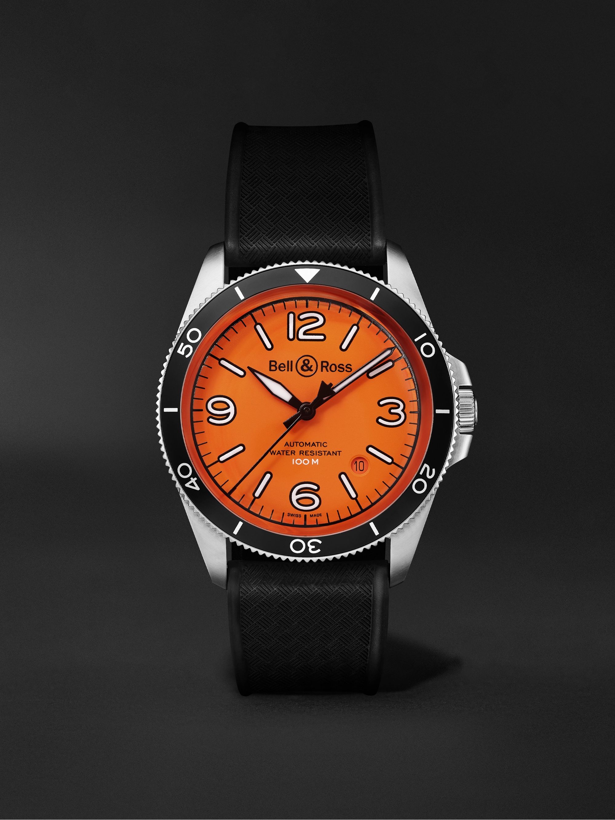 ملون ساعة BR V2-92 Orange أوتوماتيكية ذات إصدار محدود من المطاط والفولاذ  المقاوم للصدأ بقطر 41 مم، الرقم المرجعي BRV292-O-ST/SRB | BELL & ROSS | MR  PORTER