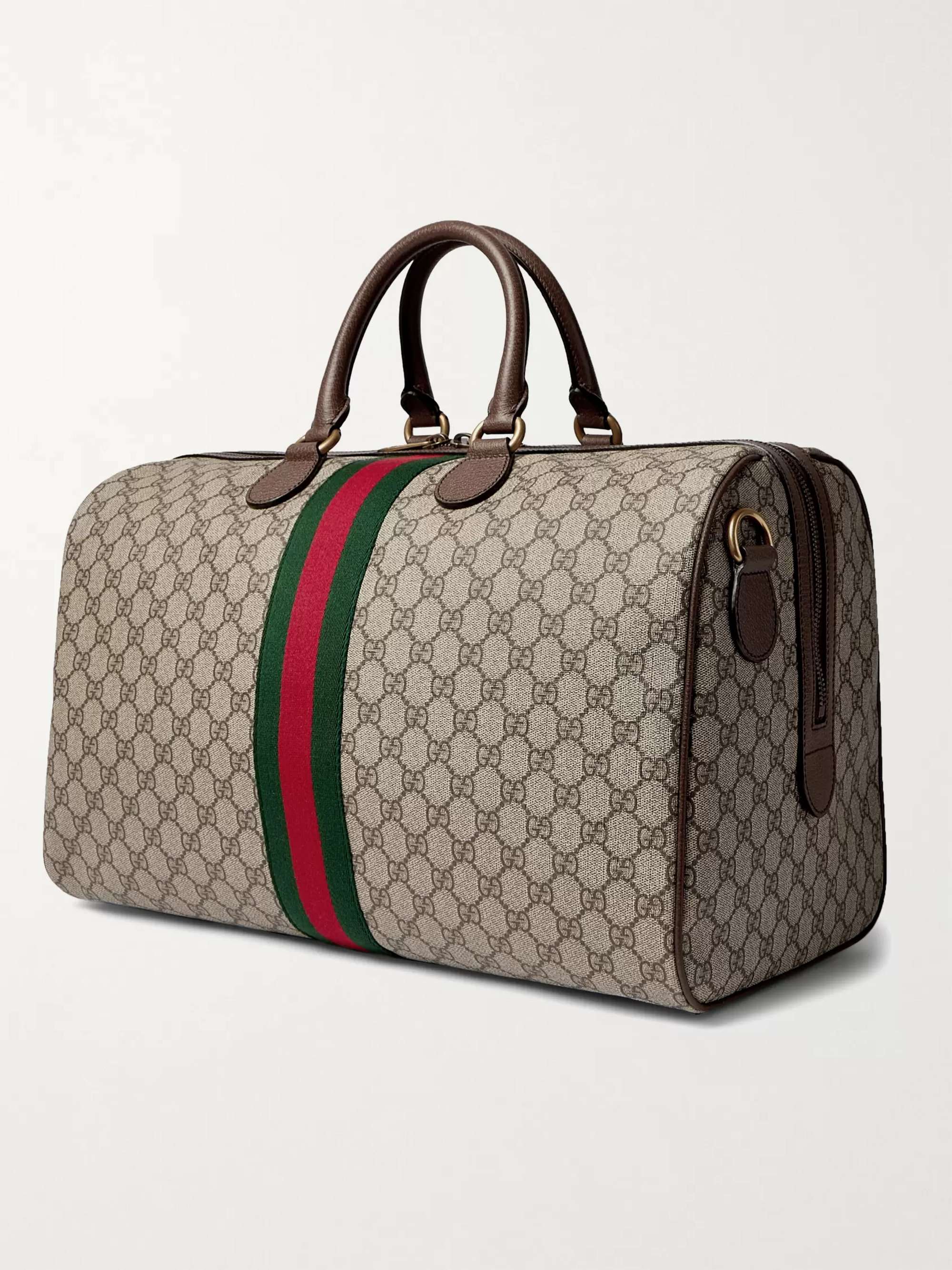 Brown Savoy Leather and Webbing-Trimmed Monogrammed Coated-Canvas Duffle Bag  | GUCCI | MR PORTER