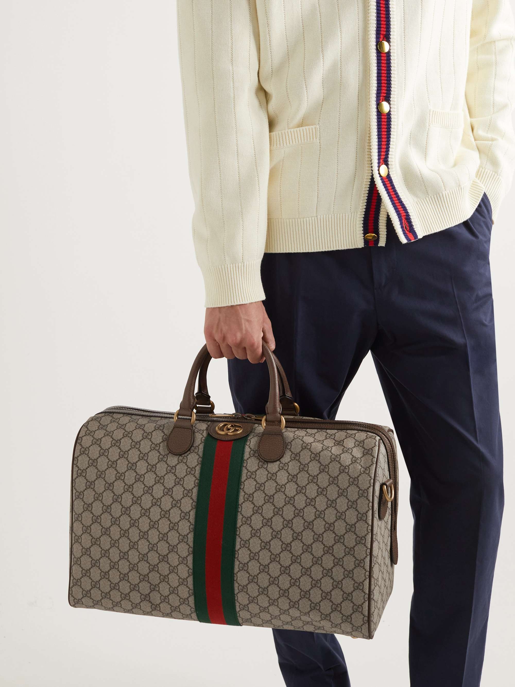 GUCCI Savoy Leather and Webbing-Trimmed Monogrammed Coated-Canvas Duffle Bag  for Men | MR PORTER