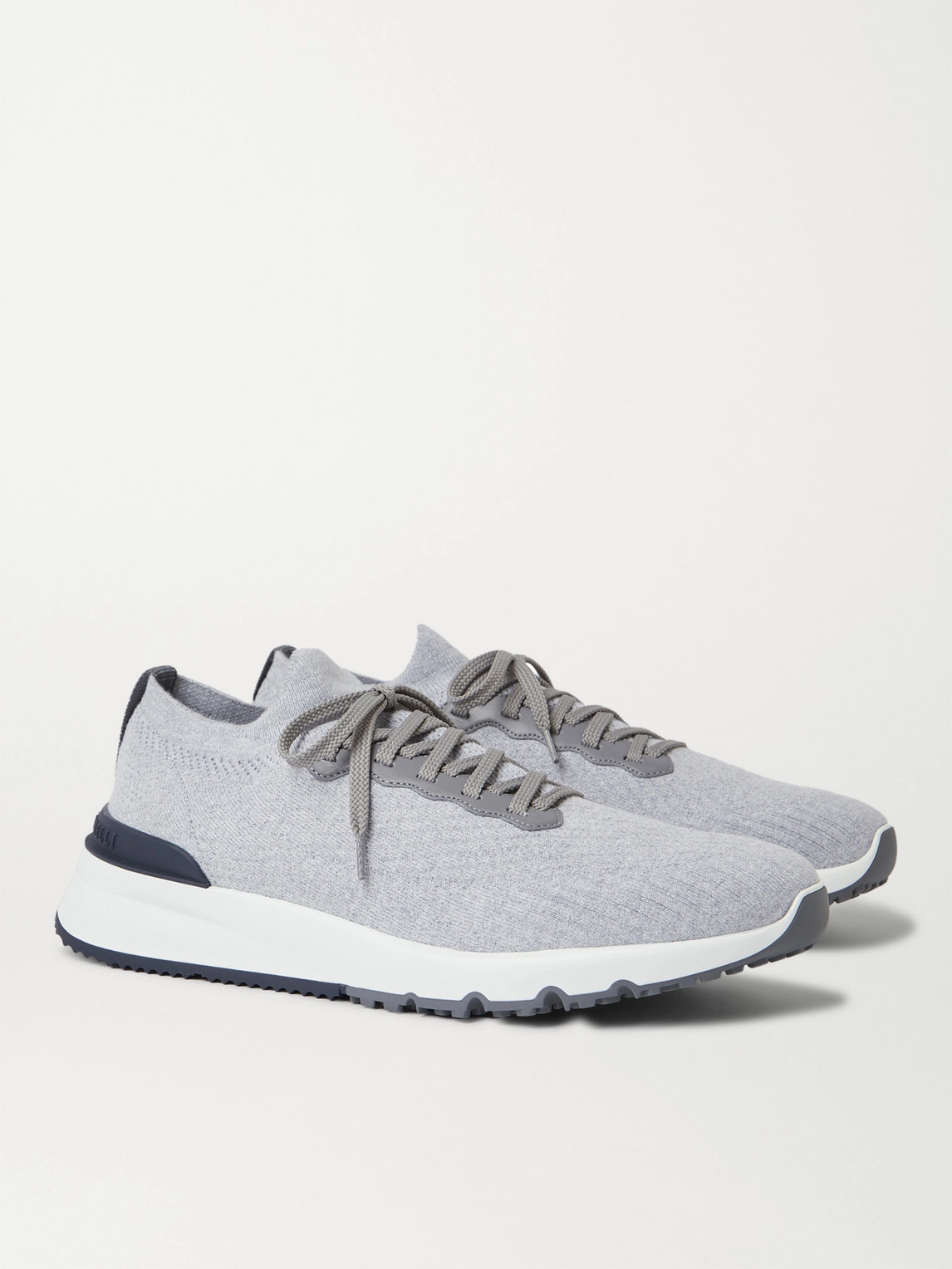 Shop Brunello Cucinelli Leather-trimmed Stretch-knit Sneakers In Gray