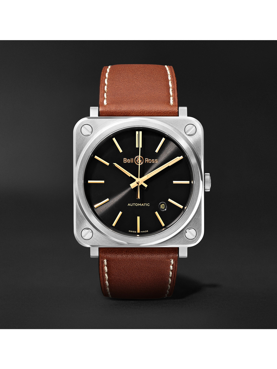 Bell & Ross Br S-92 Golden Heritage Automatic 39mm Stainless Steel And Leather Watch, Ref. No. Brs92-st-g-he/sca In Brown