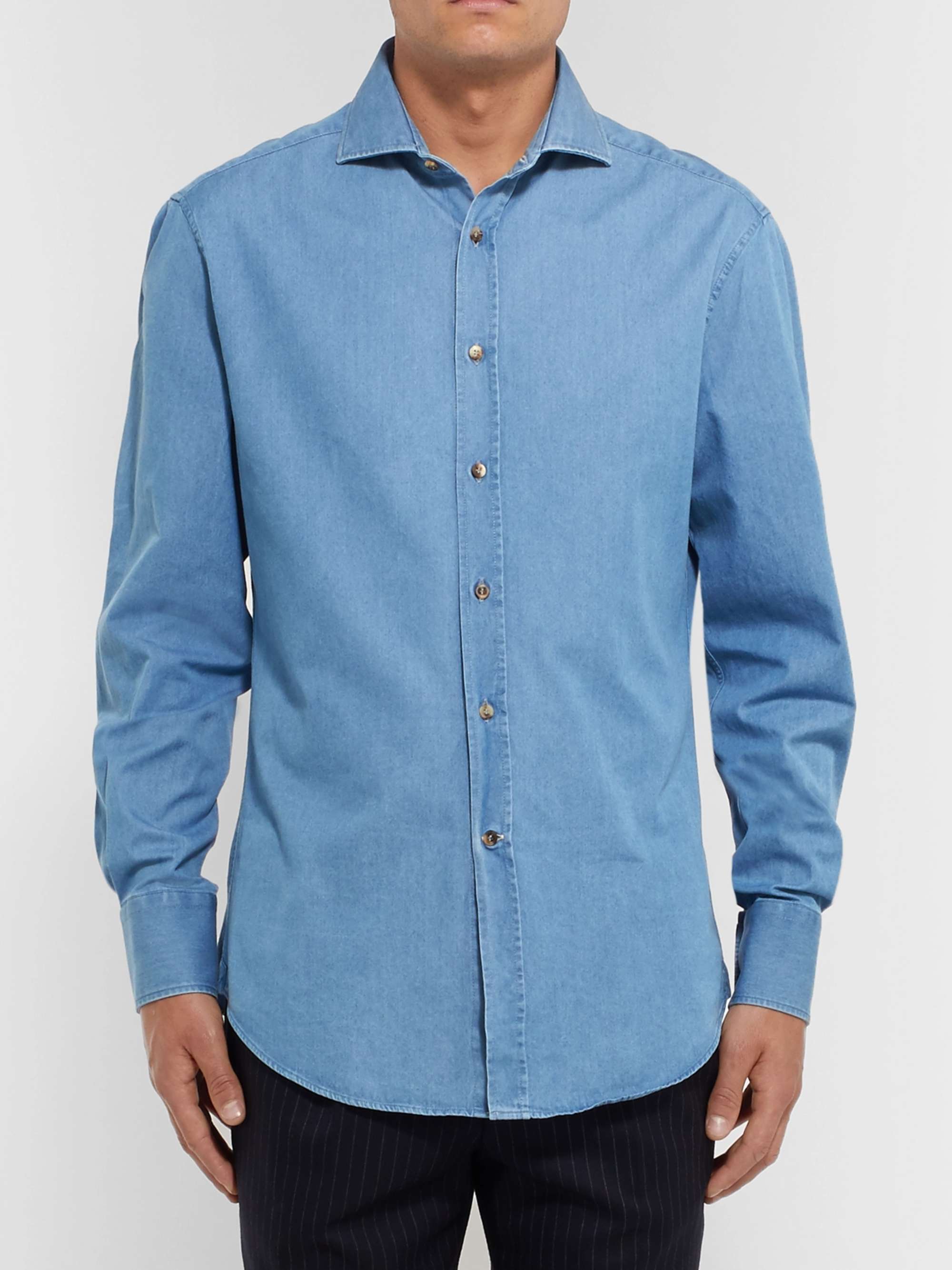 BRUNELLO CUCINELLI Slim-Fit Cutaway-Collar Washed-Denim Shirt for Men ...